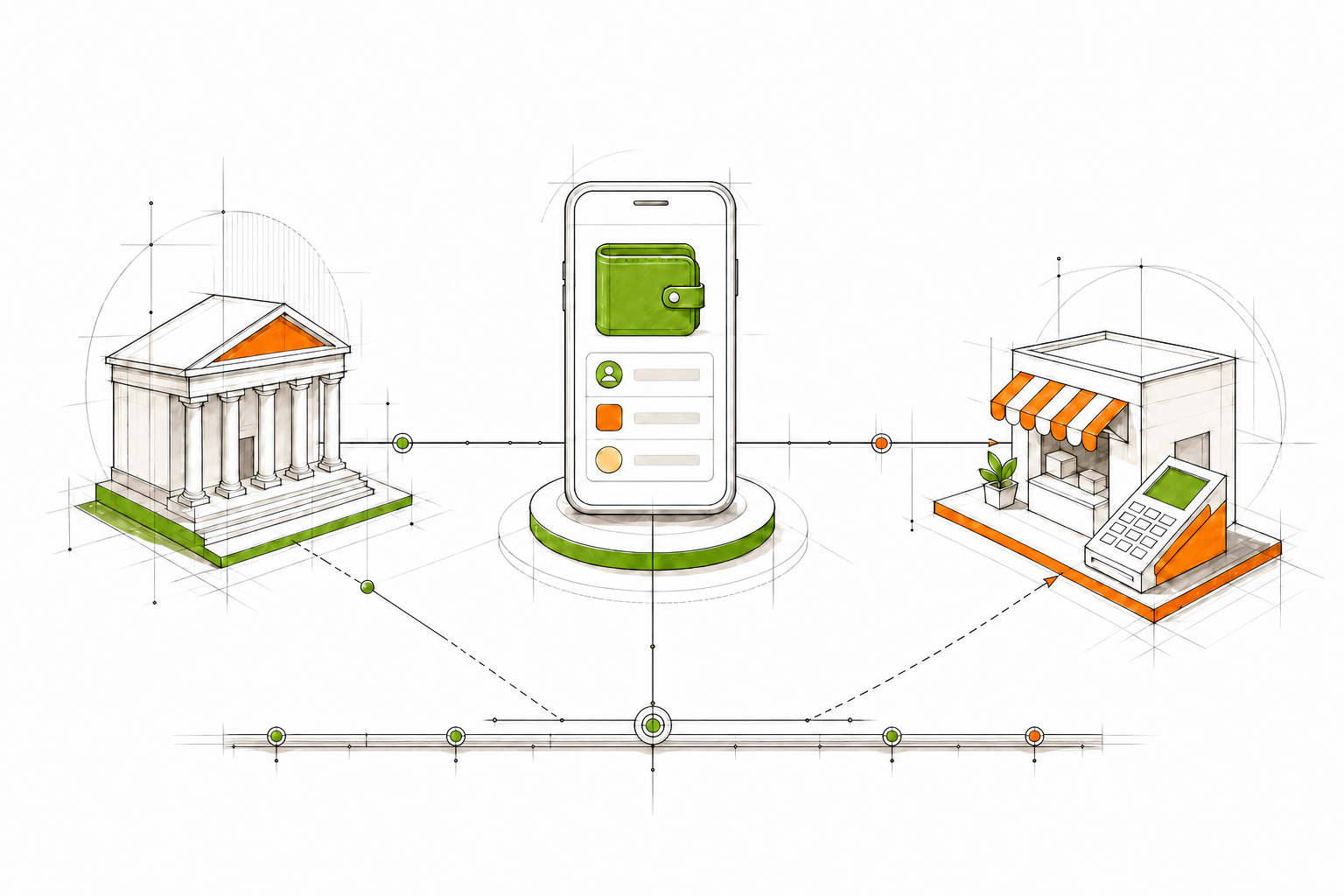 Technical croquis of an African fintech ecosystem connecting a mobile wallet, bank, merchant and payment network.
