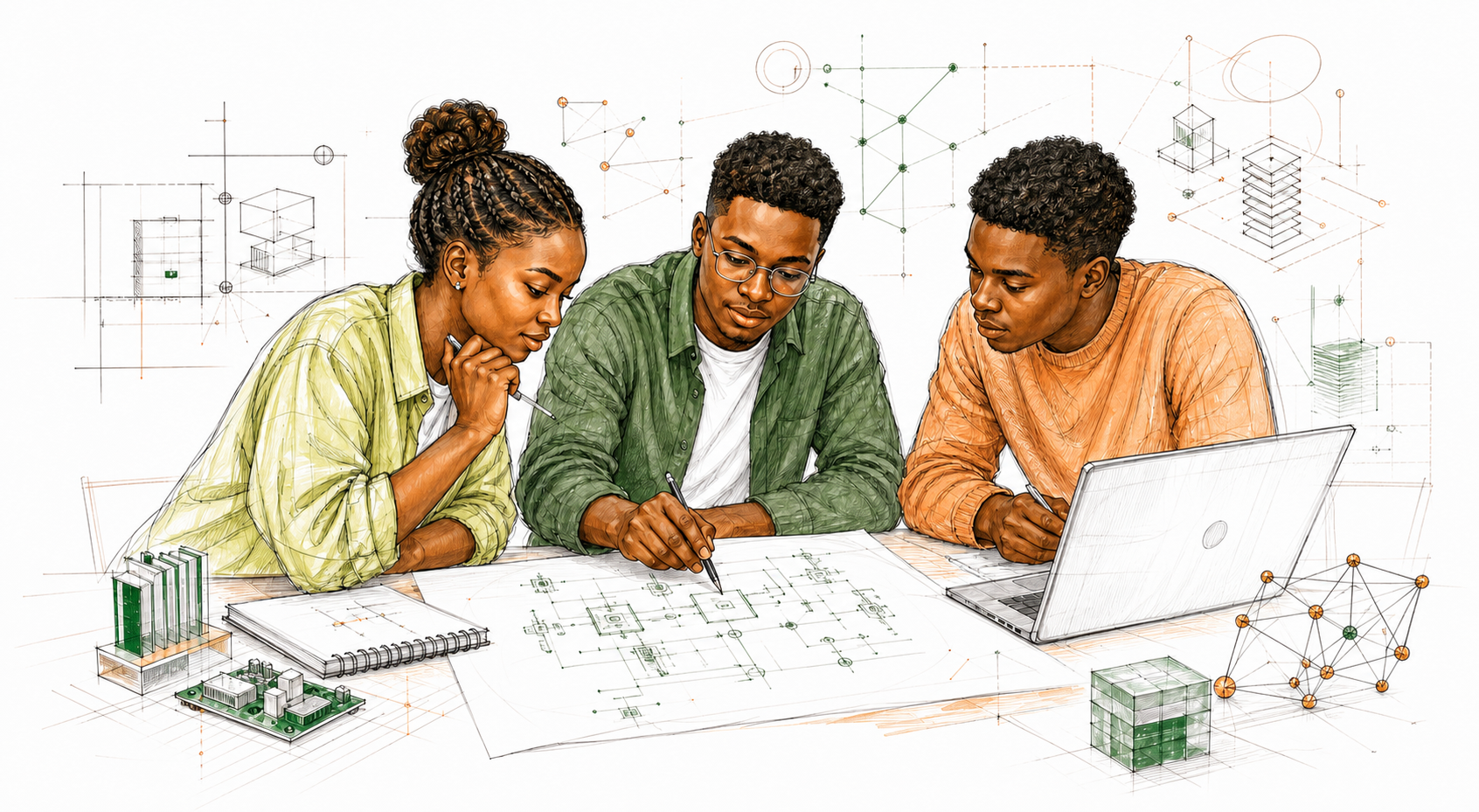 Three African engineering students studying a fintech systems diagram together.